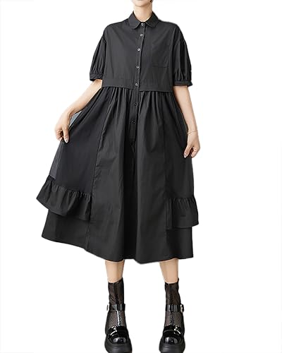 ellazhu Women's Dress Lapel Short Sleeve Button Down Flowy Hem Solid Casual Fashion GZ5274