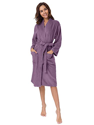 Sioro Terry Cloth Robes For Women Cotton Kimono Bathrobe Soft Absorbent Long Sleeve Calf Length Robe Plush Shower Housecoat，Plum Small #TOP2