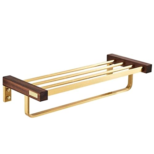 Toallero de pared doble, toallero de baño de aluminio con estantes de madera de nogal, soporte para toallas y accesorios que ahorra espacio