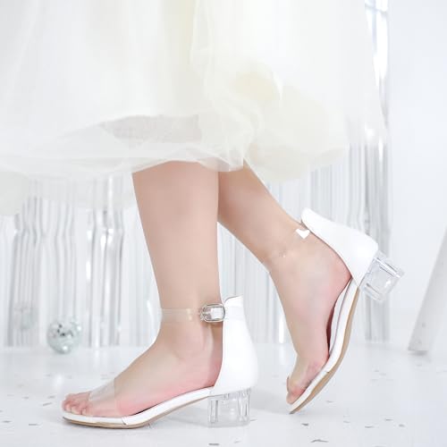 Image of Dufannie Girls Sandals Low Heels Dress Pump Ankle Strap Open Toe Flower Girl Wedding Party for Toddler Little Big Kid