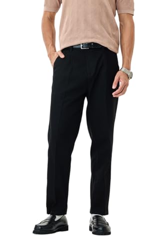 Image of SNITCH Men Casual Wear Chinos | Baggy Fit Wide-Leg Solid Trousers | Stretchable Cotton Blend Pants for Summer Outings