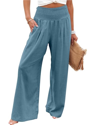 ANRABESS Women Linen Palazzo Pants Summer Boho Wide Leg High Waist Casual Lounge Pant 2025 Beach Travel Vacation Outfits Lake Small