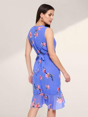 Image of Martini Women Western Dress | Premium Georgette | Sleeveless | Floral Print | Ruffles | Stylish (Blue Red - XS to L)