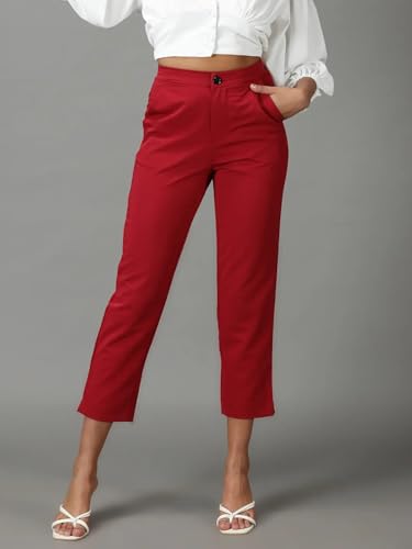 Image of SHOWOFFFF Women Solid Formal Trousers | Cotton Trouser for Womens | Mid-Rise Mom Fit Regular Length Trousers for Women's