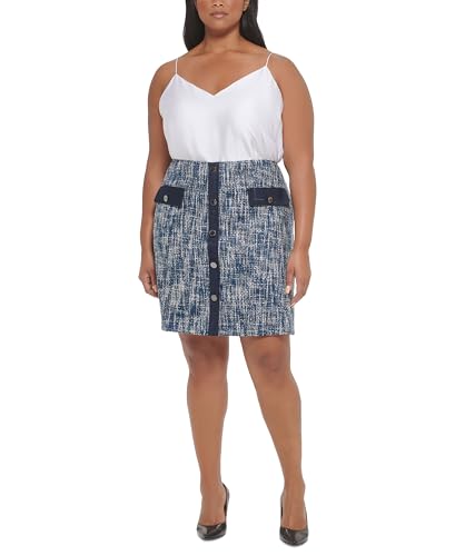 Calvin Klein Plus Size Tweed Faux-Button-Front Skirt Oceana Multi 20W