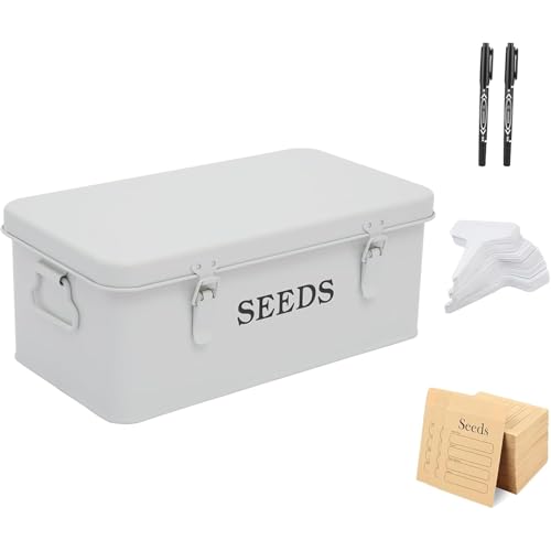ZoeQide Boîte de rangement en métal à 4 compartiments - Organisateur de graines avec serrure, 2 stylos + 20 étiquettes de plantation + 50 enveloppes de graines - Boîte à graines blanche pour jardin