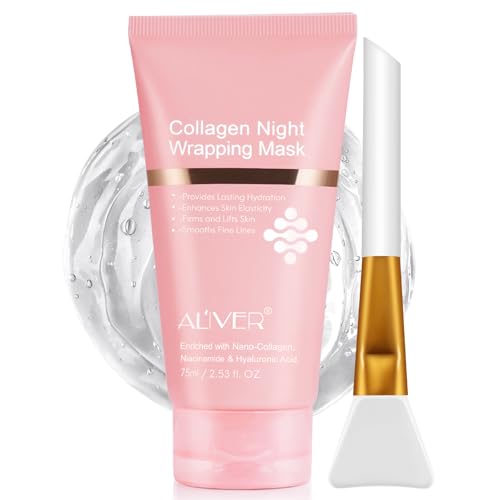 Collagen Night Wrapping Mask, Overnight Maske Gesicht, Peel off Kollagen Maske - Tiefe Hydratation, Reduziert Falten & Verbessert die Hautelastizität, Pinsel Inklusive, 75ml