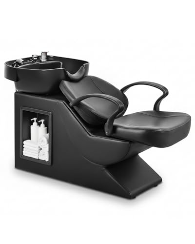 IJIALIFE Shampoo Bowl and Chair Set for Salon, Hair Washing Station for Hair Stylist, ABS Shampoo Bowl Sink Chair with Side Store Compartment for Spa Beauty Barbershop, Black