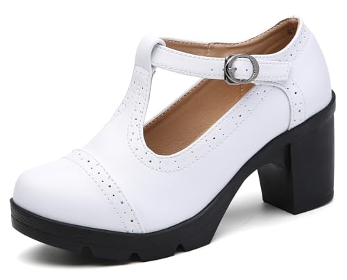 DADAWEN Women's Classic T-Strap Platform Mid-Heel Square Toe Oxfords Dress Shoes
