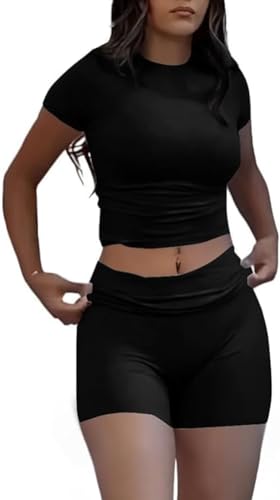 Image of ZFLM Casual Workout Two Piece Outfits for Women Short Sleeve Crop High Waist Foldover Flare Pants Tracksuit Sets Streetwear