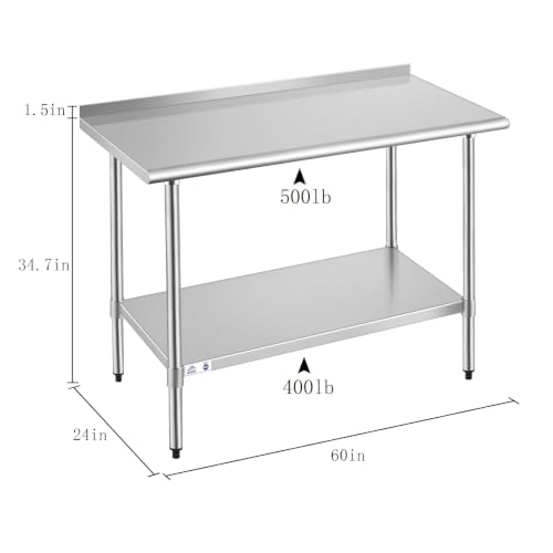 Image of ROCKPOINT Stainless Steel Table for Prep & Work with Backsplash 24x60 Inches, NSF Metal Commercial Kitchen Heavy Duty Table with Adjustable Under Shelf and Table Foot for Restaurant, Home and Hotel