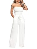 ECDAHICC Women's Tube Top Romper Casual Off Shoulder Solid Color Strapless Pleated Belted Wide Leg Jumpsuit with Pockets(WH-M)
