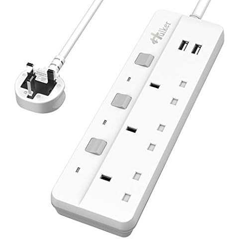 Hulker Extension Lead with USB slots Power Strips with USB ports 3 Way Outlets 2 USB Ports Surge Protection UK Plug with Fuse 13A Extension cord with Shutter 3 Way +2 USB Cover