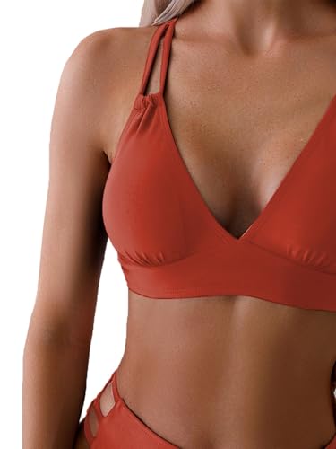 Image of Fanuerg Women's Sexy V Neck Bikini Sets Hollow Out Two Piece Swimsuits Cutout Mid Waist Bathing Suit