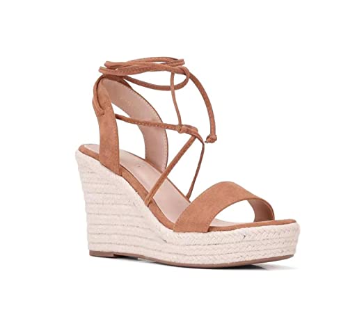 Sumojiu Women's Lace-Up Wedge Platform Espadrille Open Toe Heel Sandals, Cross Strap Wedge Sandals Summer Espadrilles Ankle Strap Buckle Platform Sandals Tan 7.5 Size #TOP2