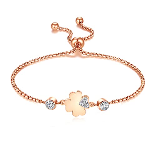 RoCetysell San Valentin Regalos Mujer Pulseras Mujer con Dije de Trébol de Buena Suerte, Joyería Pulsera de Acero Inoxidable Mujer, Regalos Cumpleaños para Mamá Hija Mujer (Oro rosa)