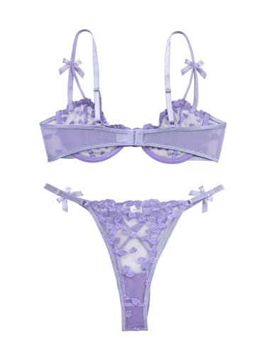 Image of Lilosy Sexy Underwire Cute Push Up Strappy Embroidered Mesh Sheer Lingerie Set See Through Panty Bra
