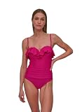 DKNY Women's Pin-up Ruffle Bandeau One Piece Swimsuit with T...