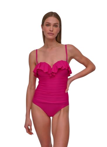 DKNY Women's Pin-up Ruffle Bandeau One Piece Swimsuit with Tummy Control, Wildberry, Medium