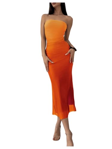 GORGLITTER Women's Mesh Strapless Ruched Bodycon Maxi Dress Wedding Guest Prom Cocktail Summer Y2k Long Tube Dresses