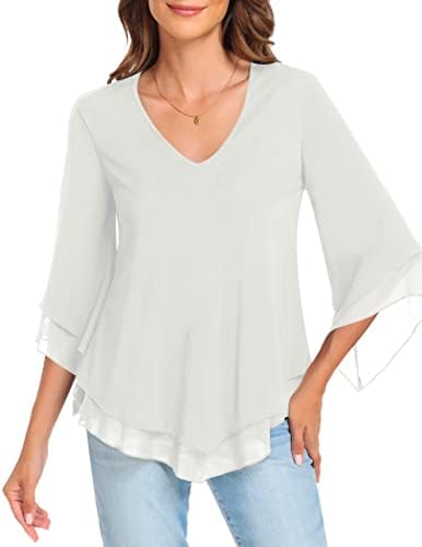Comdecevis Women's V-Neck Chiffon Blouse Flowy Bell Sleeves Tops Summer Elegant Casual Solid Shirts White