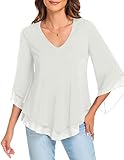 Comdecevis Women's V-Neck Chiffon Blouse Flowy Bell Sleeves Tops Summer Elegant Casual Solid Shirts