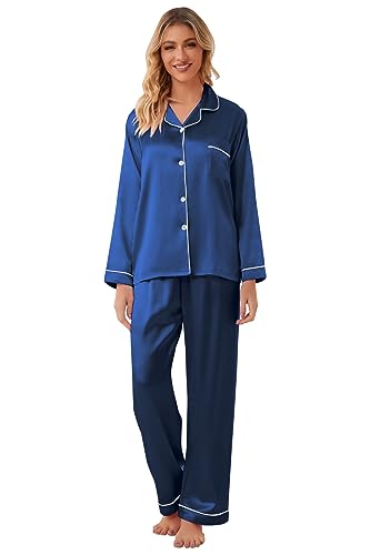 Image of Schbbbta Girls & Women Satin Pajamas Set, 2Piece Silk Nightwear Button-Down Sleepwear for Teen Kids, 3 Years - Women XXL