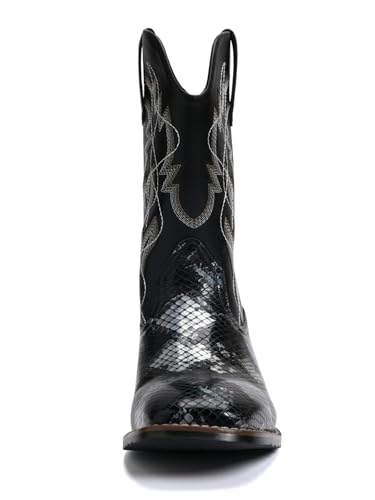 Image of Python Manning Men's Boots Cowboy for Men Classic Square Toe Western Pull Up Snakeskin Embroidered Mid-Calf Boots