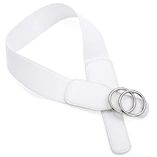 Beltox Women’s Elastic Stretch Wide Waist Belts W Double Rings Gold/Silver Buckle (White W Silver Buckle, Xs-L(27-35 Inch Stretch Range)) #TOP1