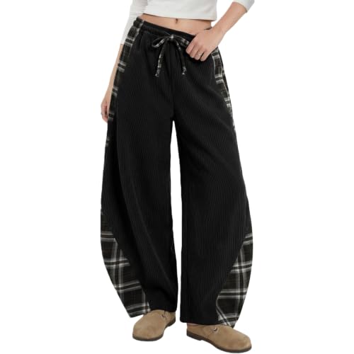 Barrel Pants Corduroy Plaid Side Panel Casual Loose Vintage Trousers - image 1