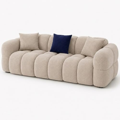 Image of FURNY Luxury Nimbus 3 Seater Bubble Cloud Sofa Set for Living Room | Boucle Weave Fabric Upholstered | Modern Cushioned Comfortable Couch for Home Office & Drawing Room | Sandstone Beige
