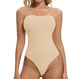 ONEW Body Gainant String Bandeau sans Bretelles Femme Body Sculptant Tanga Ventre Plat avec Bretelles Spaghetti Amovibles Gaine Amincissante Invisible Thong Shapewear Bodysuit Body Shaper Beige M