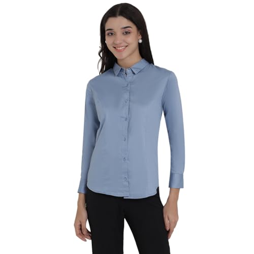 Image of Women's Cotton Solid Long Sleeve Shirt - Formal & Casual Button-Down Long Sleeve Collared Top for Office, Workwear 100% Soft Breathable Cotton Fabric