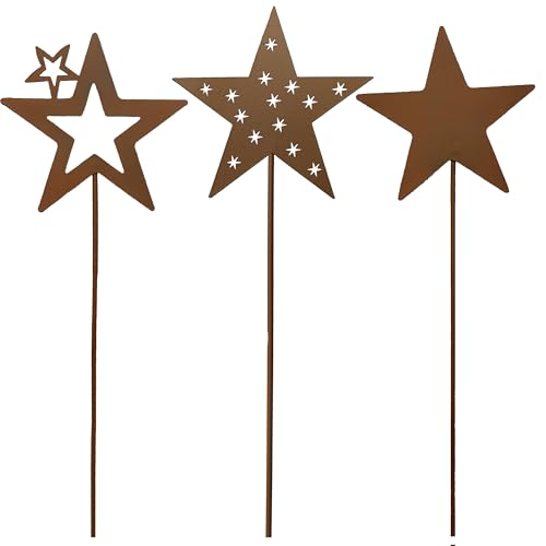 Weihnachtsdeko Landhausstil Außen 25 KRONLY 3 Stück Gartenstecker Sterne Roststecker Metall Weihnachten...