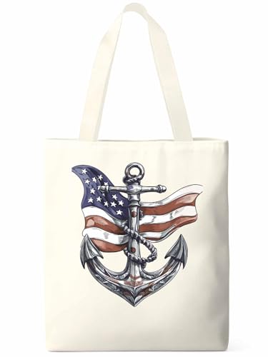 Canvas Tote Bags,Grocery Shopping Cloth Bag Nautical Anchor USA Flag Reusable Shoulder Bags Tote Bag for Travel Work Gym
