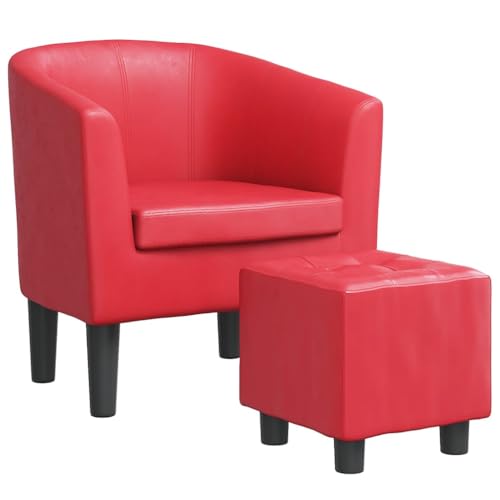 vidaXL Sillón con Taburete, Silla Decorativa, Butaca de Relax Descanso TV, Asiento para Salón Oficina Dormitorio, Cuero Sintético Rojo