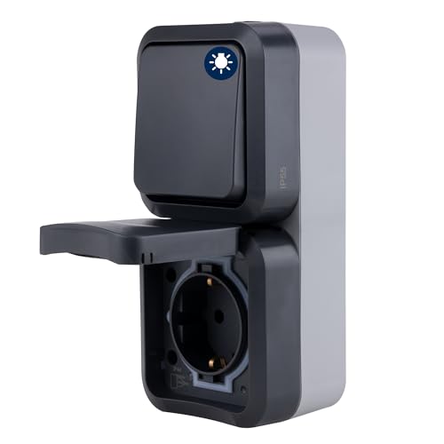 REV - AquaStorm, Feuchtraum Steckdose Aufputz mit Lichtschalter, IP55, senkrecht, 230V, 16A, anthrazit