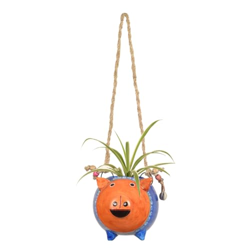 Image of AAKRITI ART CREATIONS Terracotta Hanging Planter | Blue Pig Design with Jute Hanger, Modern Art, Matte Finish | Decorative Hanging Pot for Indoor & Outdoor Home Decor