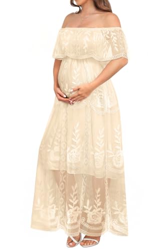 Image of Women's Off Shoulder Maternity Dress Swiss Dot Boho Baby Shower Dress