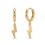 Gold Huggie Hoop Earring with Lightning Bolt Drop Charms Earrings for Women