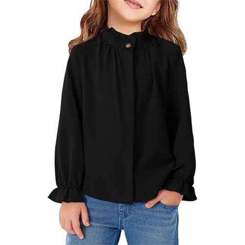 Girls Ruffle Long Sleeve Blouse Kids Plain Preppy Shirt Button Crewneck Fashion Dress Shirts Solid Casual Tops3