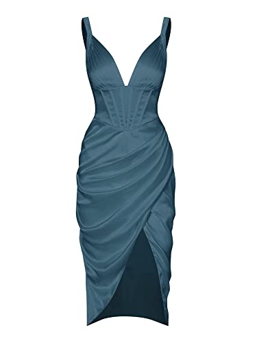 ZAFUL Women's Silky Pleated Draped Bustier Corset-Style Deep V Neck Midi Dress (A-Peacock Blue, M)