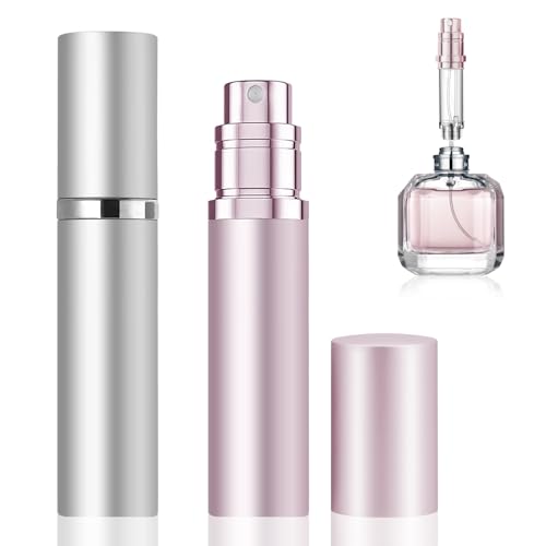 Leikedun 2PCS Vaporisateur Parfum Rechargeable,5 ml Vaporisateur Parfum Vide,Mini Flacon Parfums Voyage Portable,Atomiseur de Parfums Anti Fuite avec Capuchon de Protection (Rose + Argent)