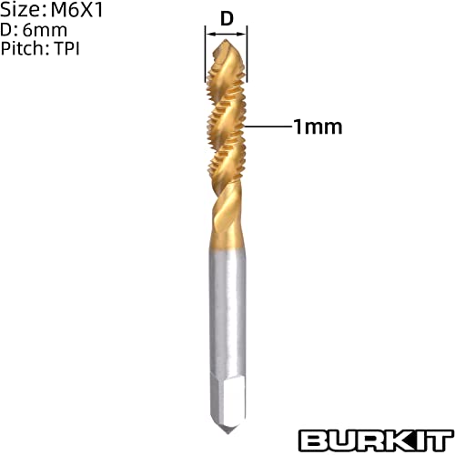 Burkit M6 X 1 Spiral Flute Tap, HSS Titanium Coated Spiral Flute Plug Threading Tap M6 x 1.0