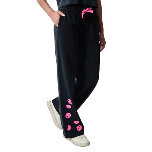 Bioworld Kuromi Pink Skulls Women's Black Straight Leg Tie-Front Sweatpant Jogger4