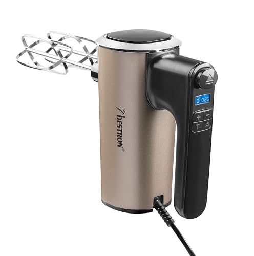 Bestron Power Handmixer, Leistungsstarker Handmixer mit 6 Stufen, Turbo-Funktion & LCD-Display, Rührgerät inkl. 2 Schneebesen & 2 Knethaken, Leichtgewicht von 1KG, Farbe: Beige