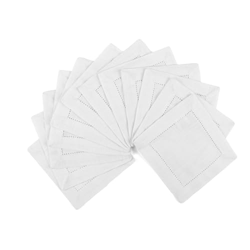 Image of Fingercraft Cotton Cocktail Napkins 6x6 Inches - Set of 12 Reusable Cloth Beverage Coasters with Elegant Ladder Hemstitch - Perfect for Parties, Bars & Home Use (White Slub)
