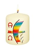 Wiedemann Osterkerze Transferdruck, Regenbogenkreuz bunt mit A + O 60 x Ø 50 mm
