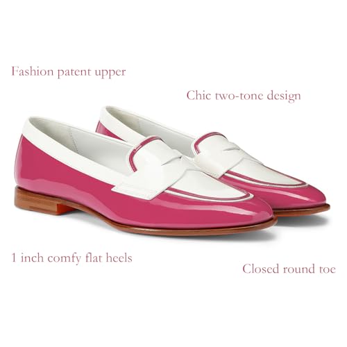 Image of Women Patent Slip On Loafer Flats Two Tone Round Toe Flat Heel Penny Loafers Casual 1 inch Low Heel Loafer Dress Shoes Oxford Comfort Chic Colorblock Office Ladies 4-11 M US