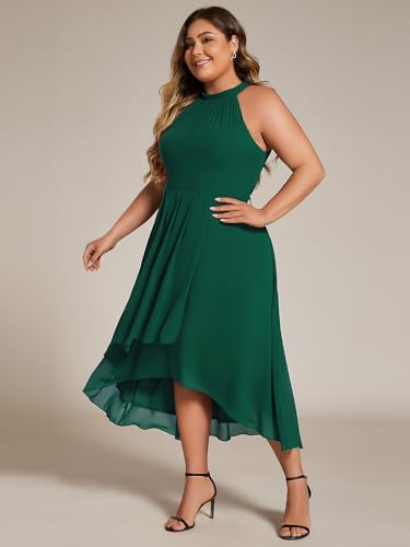 Image of Ever-Pretty Plus Women's Sleeveless Halter A Line Pleated High Low Plus Size Wedding Guest Cocktail Dresses 31926-DA